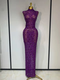 Sparkly Rhinestone Sleeveless Stretch Long Dress Women Sexy Mesh Celebrate Evening Prom Luxury Birthday Dress Evening Party Wear