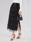 Luxury Sequins Midi Women Skirts High Waist Tassel Skirt for Party Gathering Evening Event Wear Fashion Summer New