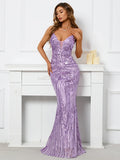 Women Strap Party Maxi Dress Sexy V Neck Evening Dress Celebrity Purple Sequin Dress Long Prom Formal Occasion  Dress
