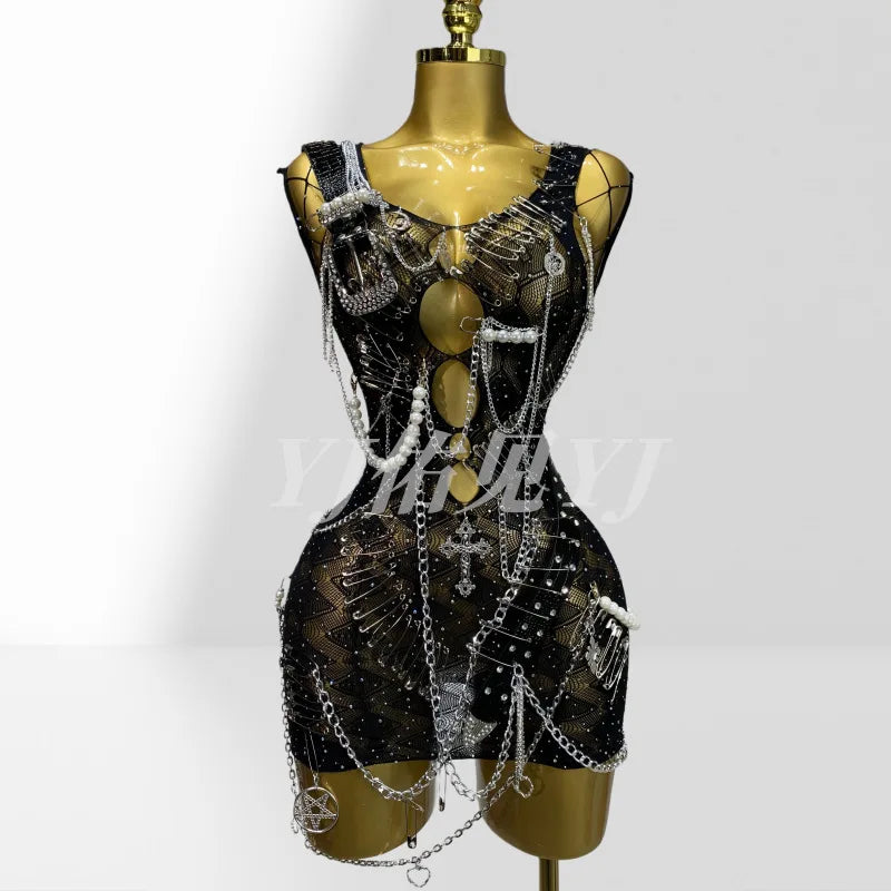 Stylish Dark Metal Chain Glam Perspective Mesh Dress Party Stage Performance Costume Fairy Ball Gown Woman Dresses Elegant Party