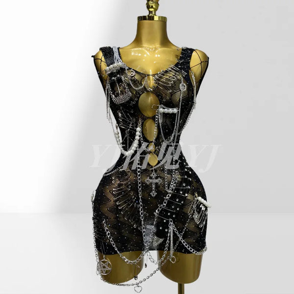 Stylish Dark Metal Chain Glam Perspective Mesh Dress Party Stage Performance Costume Fairy Ball Gown Woman Dresses Elegant Party