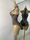 Women Sexy Sparkly Rhinestone Halter Mesh See Through Bodysuit Nightclub Performance Dance Costume Singer Stage Wear
