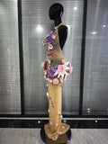 Black Khaki Women Sexy Halter Backless 3D Flowers Bodycon Long Maxi Dress Celebrate Evening Party Performance Costumes Wear