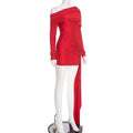 Sexy Christmas Dress Women Ruched Elegant Ribbon Irregular Full Sleeve Evening Skew Collar Skinny Peach Hip Bodycon