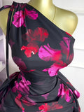 Women Floral Printed One Shoulder Sleeveless Stacked Ruched Bodycon Midi Maxi Long Dress Sexy Party Evening Dresses