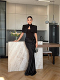 Satin Mermaid Maxi Dress Women Shoulder Pad Cutout Stand Collar Ruched Bodycon Evening Gown Wedding Prom New Hot Luxe Gowns 2026