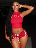 Number Print Fashion Patchwork Sporty 2 Piece Set Women Skinny Crop Tops+Drawstring Shorts Casual Simple Tracksuit