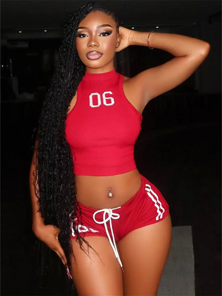 Number Print Fashion Patchwork Sporty 2 Piece Set Women Skinny Crop Tops+Drawstring Shorts Casual Simple Tracksuit