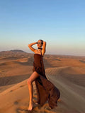 Brown Glitter Chiffon Tiered Maxi Dress Elegant One Shoulder Square Neck Flowy dresses 2026 Summer Formal Wedding  Party gowns