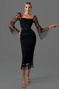 Women's Black Sheer Mesh Trumpet Sleeve Square Neck Waist-Cinching Dress Elegant Evening Performance Gown Vestidos De Bienvenida