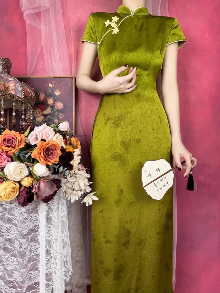 Olive Girl Green Flowing Sleeve Qipao for Ren Faire 2026 Garden Wedding Fairycore Photoshoot Everyday Wear S-XXL XS-3XL Plus Size Flowing Sleeve Romantic Garden Party Editorial Not Costume Qipao Cheongsam Chinese Dress Chinese Heritage Fashion Women
