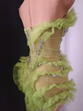 Sparkly Green Diamonds Sexy Mesh Asymmetric Bodycon Mini Dress Celebrate Eveing Birthday Party Nightclub Red Carpet Stage Wear