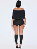 Summer 2 Piece Set Women Simple Trend Slash Neck Mid Sleeve Crop Tops+Shorts+Foot Cover Matching Streetwear Outfits