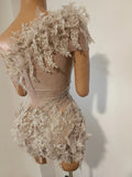 Sexy Sparkly Rhinestones One Shoulder Mesh See Through Mini Dress Women Birthday Evening Celebrate Party DJ Nightclub Stage Wear