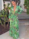 Tiger Stripe Print Long Dress Woman Autumn Trend Deep V-Neck Backless Lantern Sleeve Beach Party Elegant Vestidos