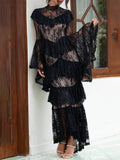 Retro Luxurious Wedding Dress for Women Stand Collar Flare Sleeve Spliced Ruffles Irregular Hem Party Long Dresses Female