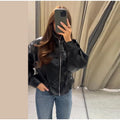 Fashion Women's Drawstring Short Leather Jacket Stand Collar Long Sleeve Ruffle Zipper Female Coat 2026 Autumn Lady Chic Jackets