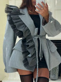 Chic Ruffles Women Jackets Lapel Collar Long Sleeve Elegant Fit Jacket for Commute Gathering Wear Fashion Autumn