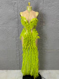 Luxurious Vibrant Ruffled Sheer Crystal-Embellished Pattern Gown Sexy Performance Costume Nightclub Glamorous Formal Event Gown