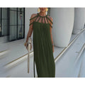 Solid Loose Hollow Out Dresses for Women O Neck Sleeveless High Waist Minimalist Dress Femle Clothes