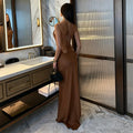 Thin Strap Diamond Back Women Maxi Dress Round Neck Cut Out Irregular Back Buckle Detail Fitted Waist Floor Length Long Dress