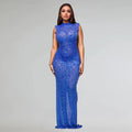 Fall Diamonds Hot Rhinestones O-neck Women Sleeveless Bodycon Long Dress Birthday Party Evening Prom Maxi Dresses