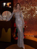 Elegant Apricot Slash Neck Stretch Long Dress Sexy Long Sleeves Off Shoulder Sparkling Diamond Evening Banquet Gowns