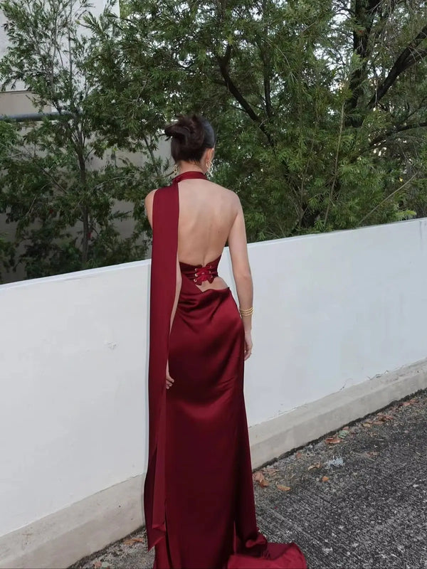 Elegant Burgundy Satin Long Dress Sexy Women's Corset High Waist Maxi Mermaid Dresses Evening Party Cocktail Wedding Guest