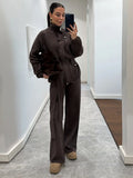 Women Stand Collar Knitted Two Piece Set Belted Long Sleeve Sweater Top Wide Leg Pants 2026 Autumn Winter Casual Knit Outfit