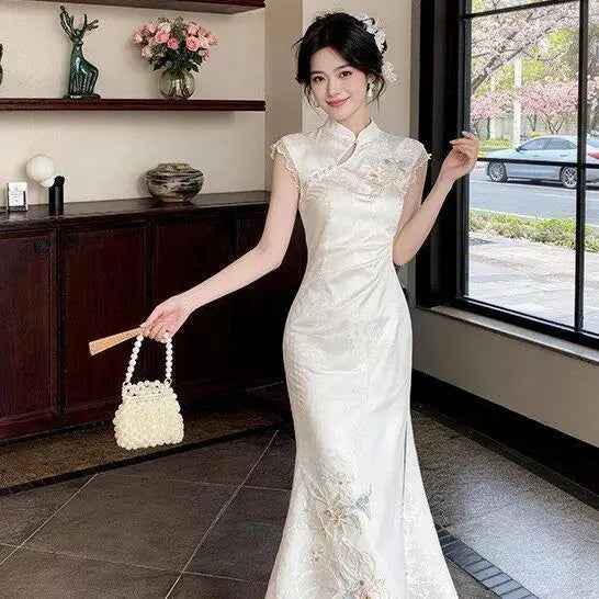 Olivegirl 2026 Embroidered Jacquard Lace Splicing Long Dress Cheongsam Chinese Improved Qipao Summer High End Women's Clothing