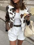 Cow Print Short Slimming Coat for Women Lapel Long Sleeve Patchwork Single Breasted Street Jacket Female Autumn New