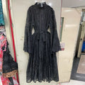 Elegant Vintage Green Lace Midi Dress for Women High Neck Sheert Flare Sleeve Belted Waist Desgin for Luxury Dinners Party