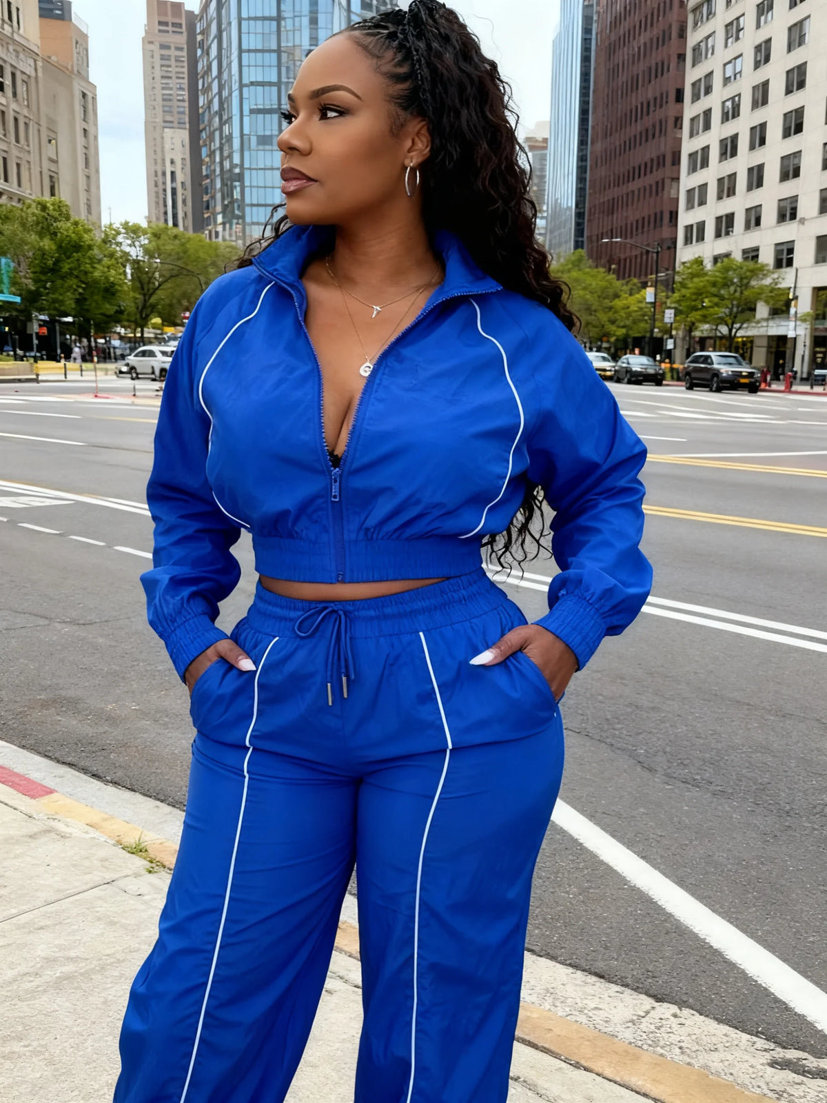 Casual Sporty 2 Piece Set Women Patchwork Tracksuit Full Sleeve Zip Crop Jacket+Shirring Pants Basic Trend Streetwear