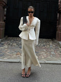 Women 2026 Spring Summer Blazer Two Piece Deep V Neck Peplum Waist Button Top Mermaid Long Skirt Commute Matching Set