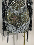 Luxury Evening Party Birthday Nightclub Photo Shoot Wear Sexy Mesh Sparkly Diamonds Sequin Tassels Long Sleeves Sheer Mini Dress