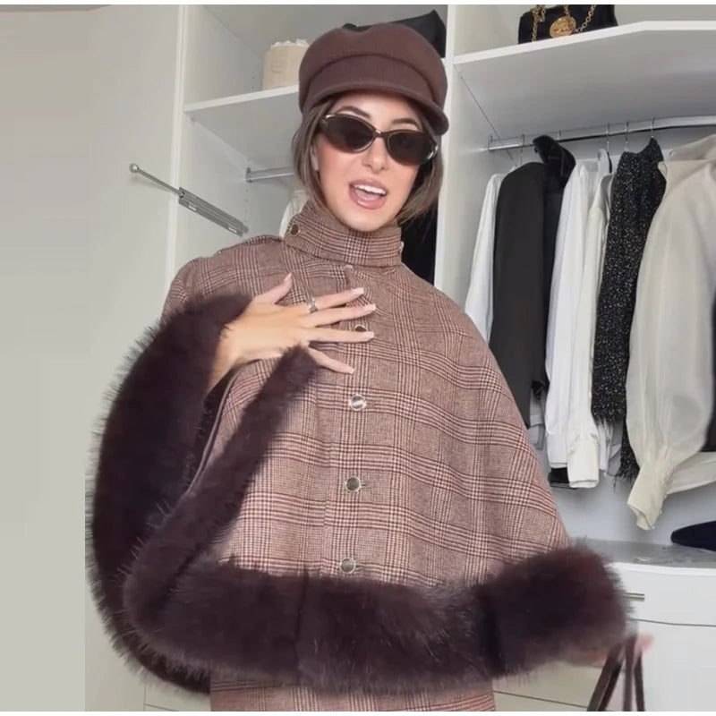 Women Plaid Fur Trim Cape Mini Skirt Set High Neck Checkered Shawl Coat Short Skirt Two Piece Outfit 2026 Autumn Elegant Suit