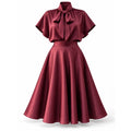 Satin Two Piece Sets for Women Bow Tie Mock Neck Blouse High Waist Flared A‑Line Maxi Skirt for Formal Banquet Party Wear