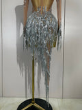 Sparkly Rhinestone Golden Sequins Tassel Sexy Transparent Dress Women Evening Birthday Party Nightclub Dance Singer Stage Outfit