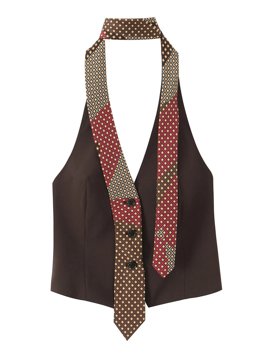 Dark Brown Halter Top with Patterned Tie Detail Female Retro Chic Sleeveless Slimming Vest for Luxury Afternoon Tea