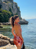 Women Orange Sequin Mini Dress Starfish Fish Applique Sheer Backless Halter Mesh Short Dress Lady Beach Party Vacation Vestidos