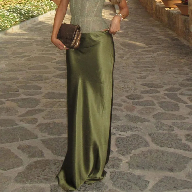 Elegant Green Skirt Set For Women Chic Fishbone Sleeveless Backless Lace Up Vest Satin Long Skirt Lady Evening Party Outfit