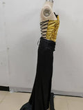 New Fashion Gold Color Laced-up Tops 2 Pieces Bodycon Floor-length Dress Elegant Evening Party Celebrate Dress Vestido