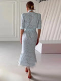 Deep V Neck Printed Ribbon Dress  Elegant Women Lace Patchwork Button Waist Cinching High Split Dress Lady Party Vestidos