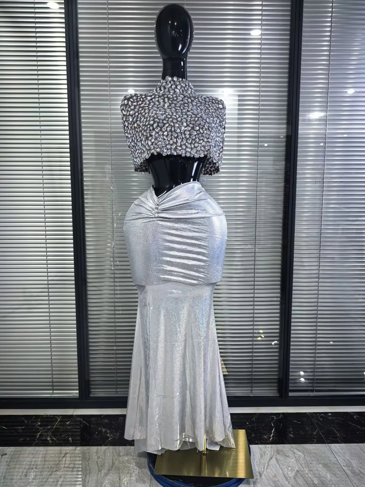 Luxury Women Sparkly Crystal Mesh See Through 2 Pieces Long Gowns Dress Elegant Evening Party Celebrity Red Carpet Outfit