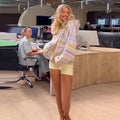 Women Rainbow Stripe Hooded Knit Cardigan Zip Front Drop Shoulder Side Pocket Loose Jacket Multicolor Textured Casual Daily Wear
