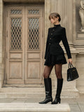 Autumn Retro Two Piece Set for Women Stand Collar Slim Long Sleeve Versatile Top Short Skirt Commuter Suits Female