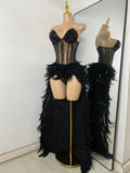 Women Sexy Straplss Crystals Diamonds Feather Luxury Party Dress Designer Mesh Transparent Performance Stage Outfit