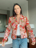 Women Floral Jacquard Contrasting Trim Blazer Lapel Collar Waist-cinching Single-breasted Jacket Autumn Lady Chic Coats 2026 New