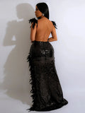 Women Sexy Dresses for Club Night Sequin Bodycon Party Club Night Out Dress Feather Backless Evening Formal Maxi Dress