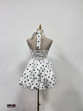 Spliced Lace Up Prom Dresses for Women Halter Sleeveless High Waist Dot Printing Sexy Fashionable Puff Dress Female